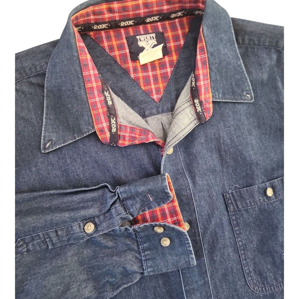 Vintage Wrangler 20X Denim Shirt Mens XXL Long Sleeve Blue Plaid Trim Cowboy